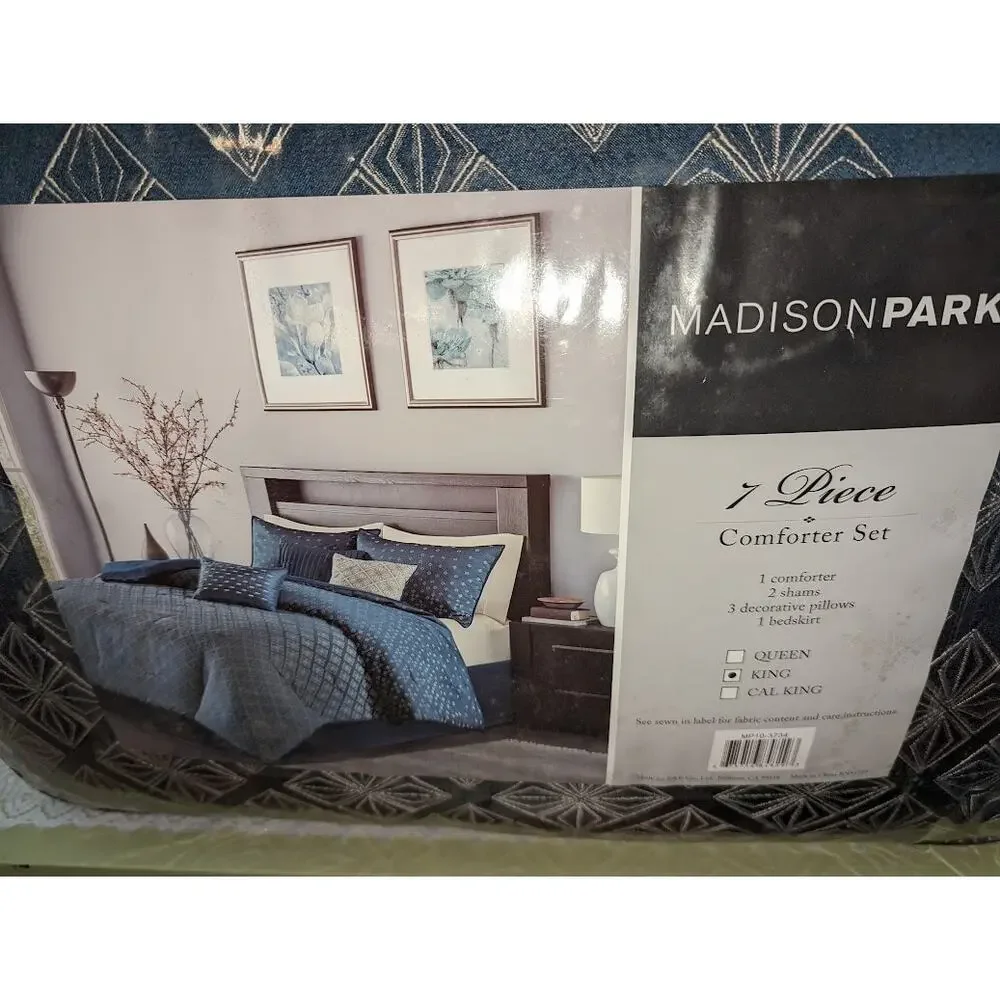 King Size Biloxi 7 Piece Comforter Set Blue Contemporary Madison Park MP10-3734